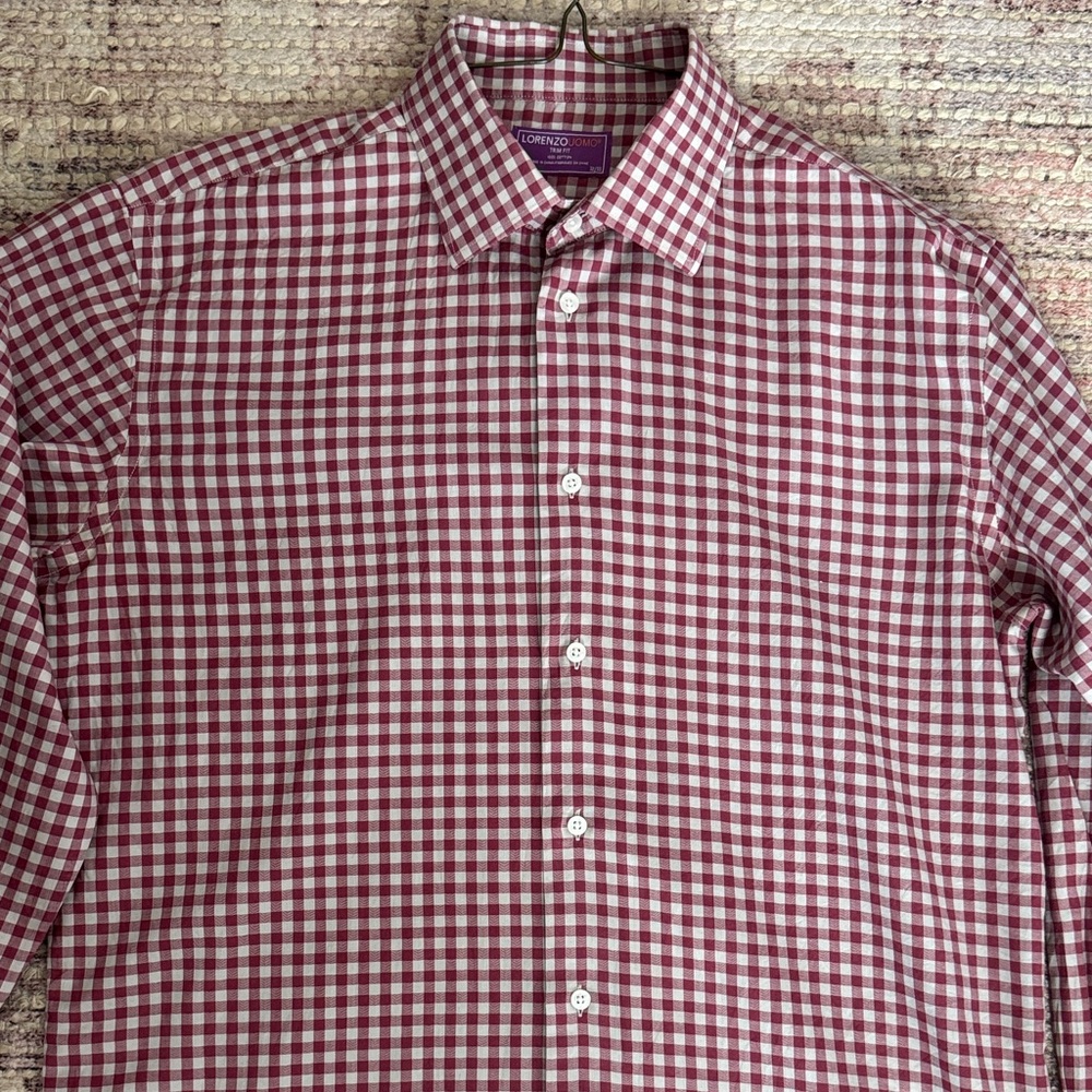 Lorenzo Uomo Crimson Red and White Checkered Trim Fit Shirt, Medium
